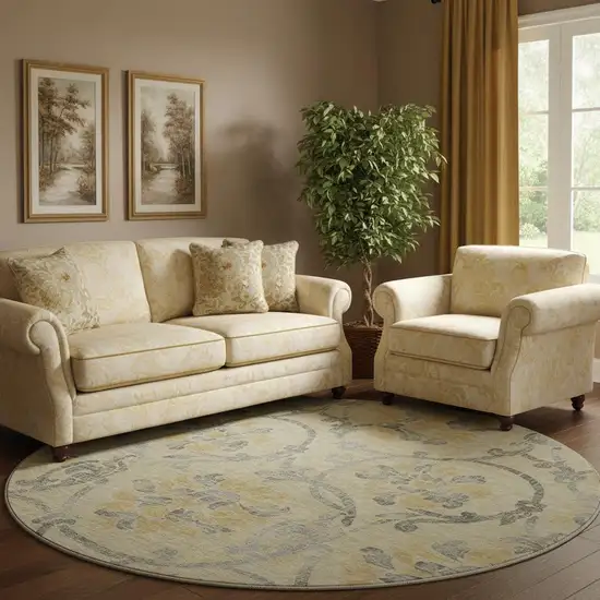 8' Gold Gray And Silver Floral Washable Round Rug With UV Protection Photo 1