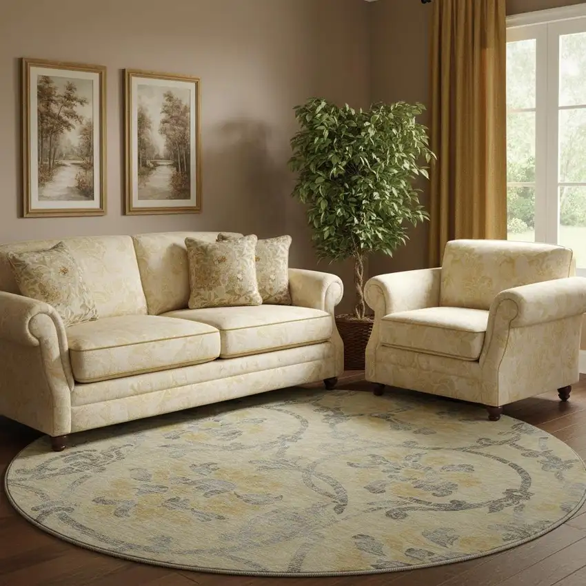 8' Gold Gray And Silver Floral Washable Round Rug With UV Protection Photo 1