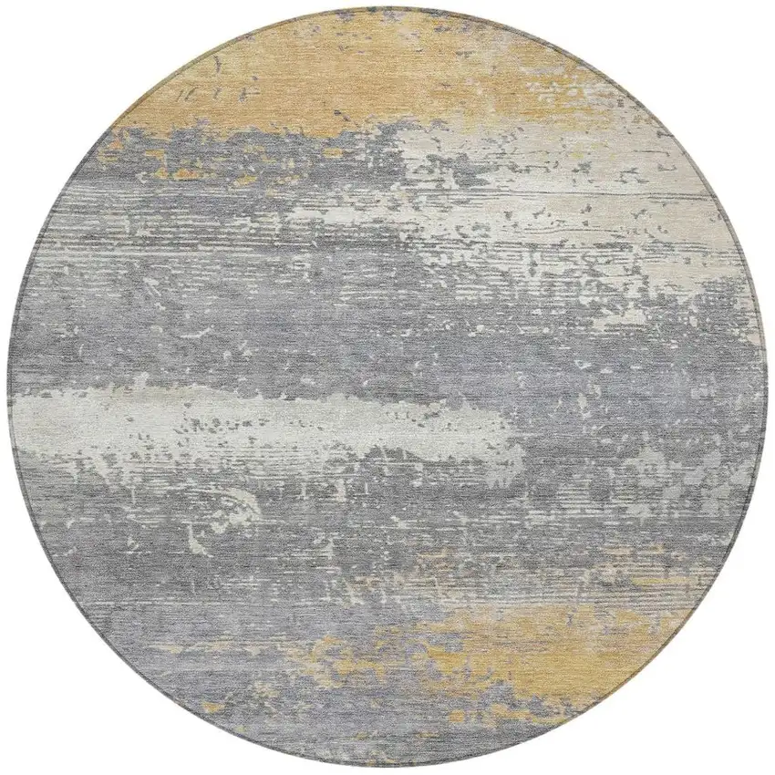8' Gold Gray And Silver Round Abstract Washable Indoor Outdoor Area Rug Photo 4