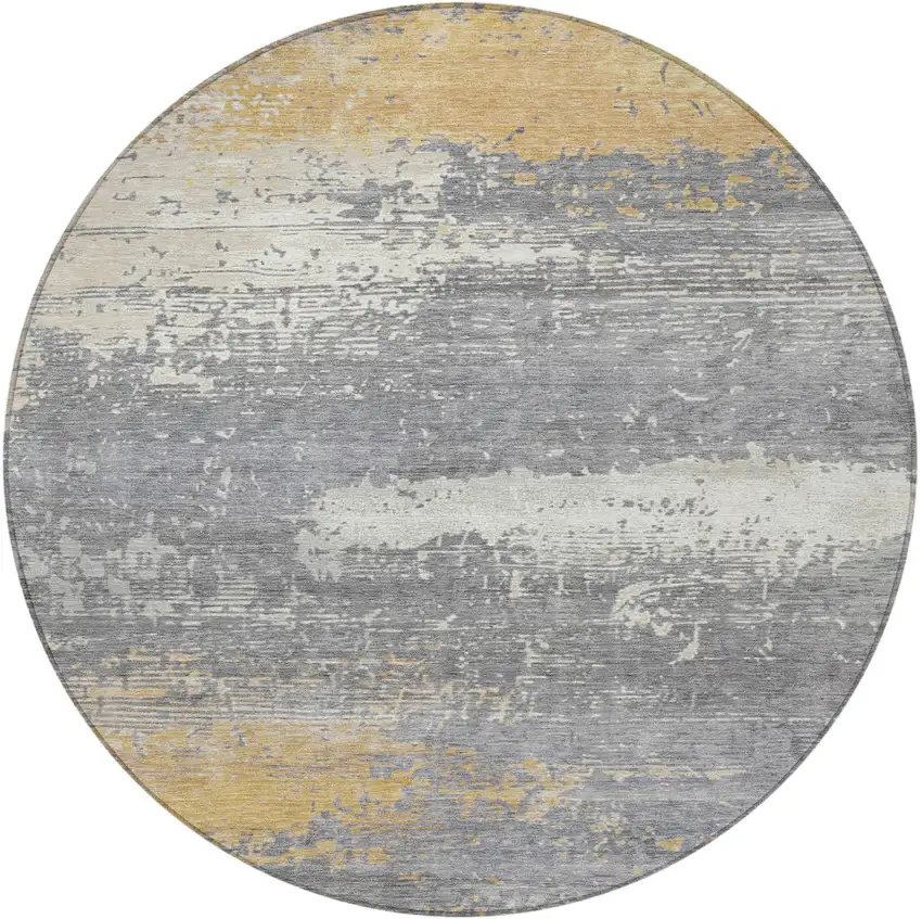 8' Gold Gray And Silver Round Abstract Washable Indoor Outdoor Area Rug Photo 3