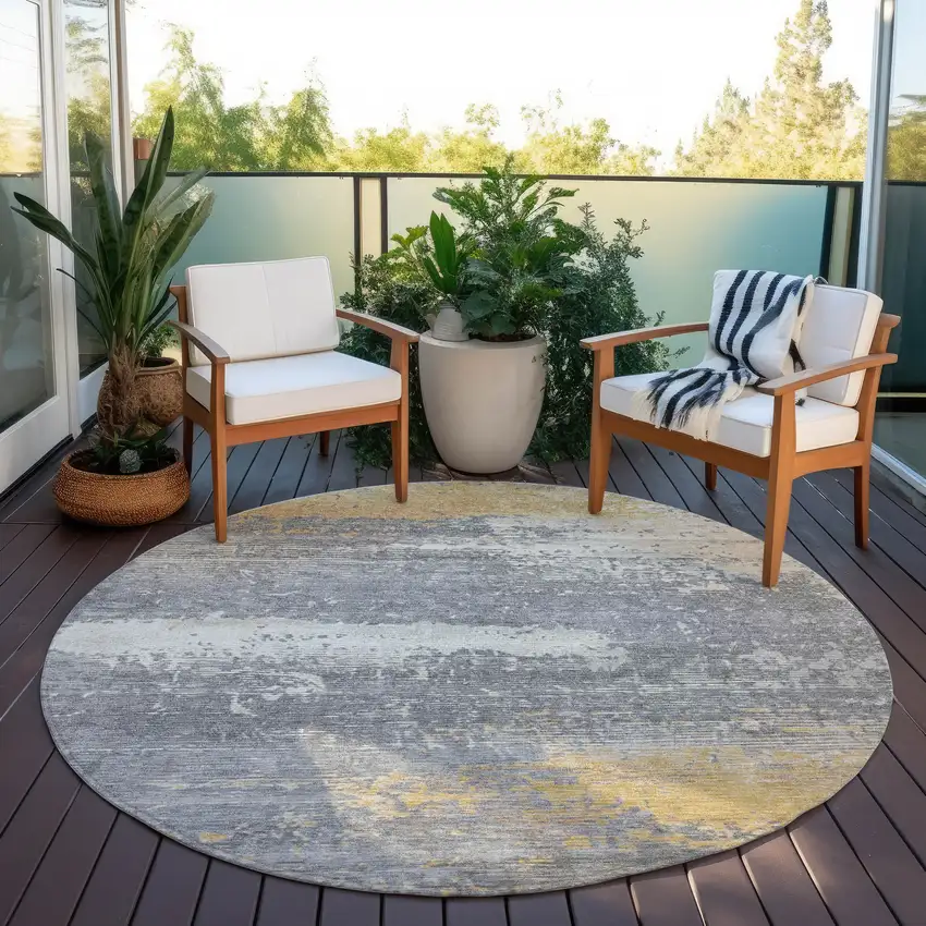 8' Gold Gray And Silver Round Abstract Washable Indoor Outdoor Area Rug Photo 5