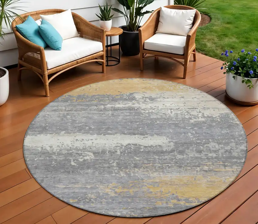 8' Gold Gray And Silver Round Abstract Washable Indoor Outdoor Area Rug Photo 2