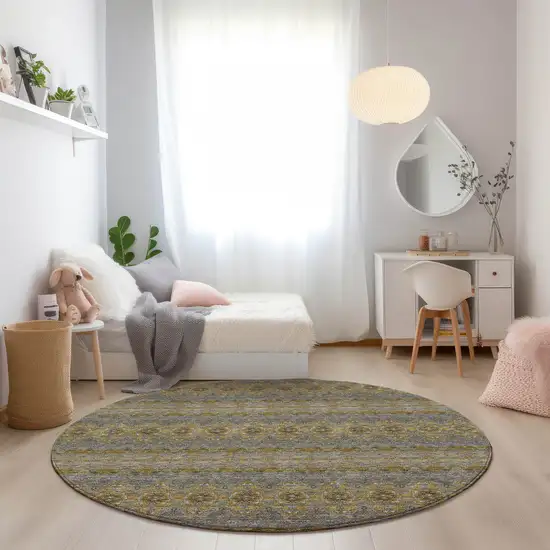 8' Gold Gray And Silver Round Floral Medallion Washable Indoor Outdoor Area Rug Photo 7