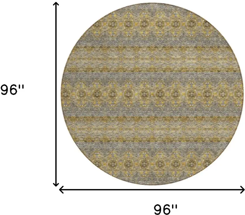 8' Gold Gray And Silver Round Floral Medallion Washable Indoor Outdoor Area Rug Photo 3