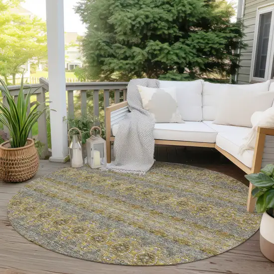 8' Gold Gray And Silver Round Floral Medallion Washable Indoor Outdoor Area Rug Photo 6