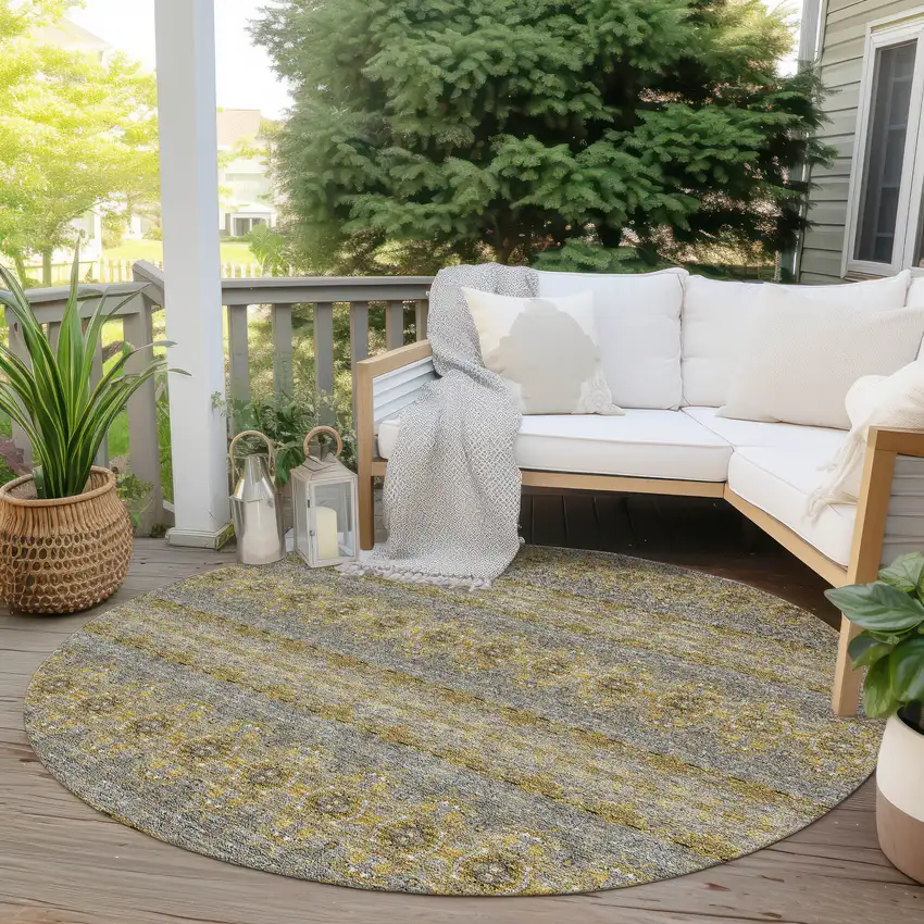 8' Gold Gray And Silver Round Floral Medallion Washable Indoor Outdoor Area Rug Photo 6