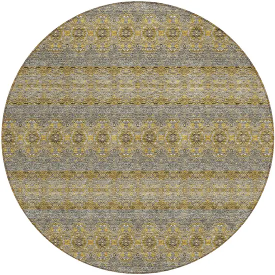 8' Gold Gray And Silver Round Floral Medallion Washable Indoor Outdoor Area Rug Photo 2