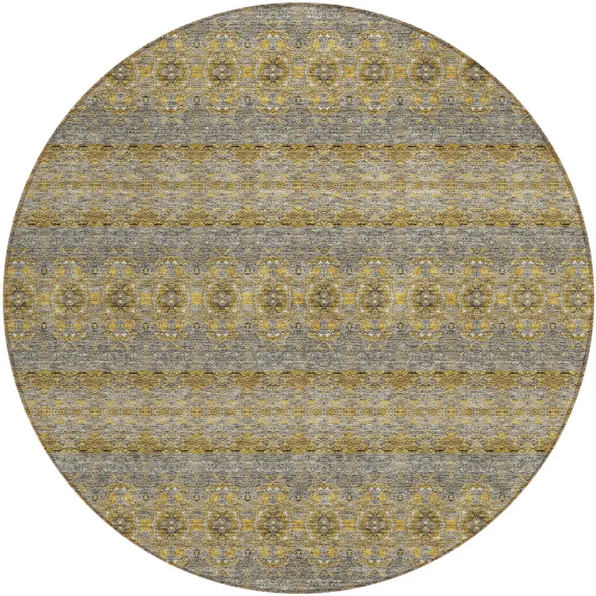 8' Gold Gray And Silver Round Floral Medallion Washable Indoor Outdoor Area Rug Photo 2