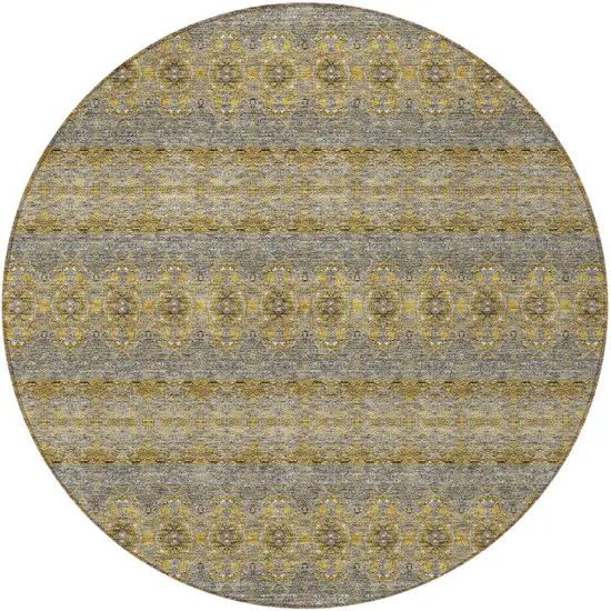 8' Gold Gray And Silver Round Floral Medallion Washable Indoor Outdoor Area Rug Photo 5