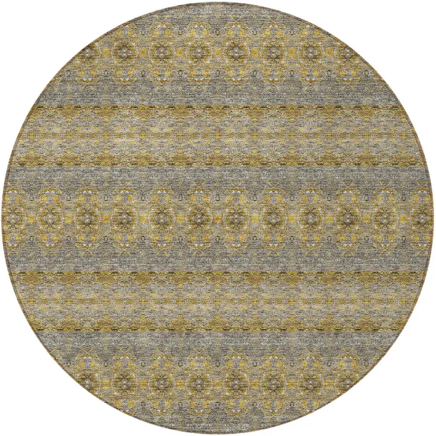 8' Gold Gray And Silver Round Floral Medallion Washable Indoor Outdoor Area Rug Photo 5