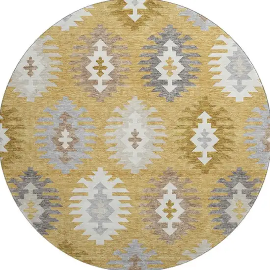 8' Gold Gray And Silver Southwestern Washable Round Rug With UV Protection Photo 3