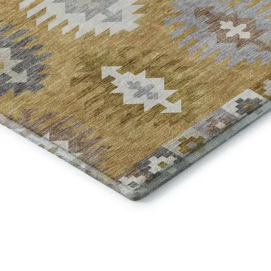 8' Gold Gray And Silver Southwestern Washable Round Rug With UV Protection Photo 6