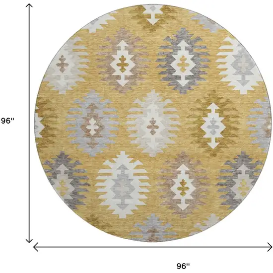 8' Gold Gray And Silver Southwestern Washable Round Rug With UV Protection Photo 9