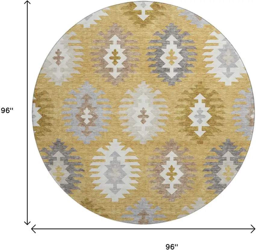8' Gold Gray And Silver Southwestern Washable Round Rug With UV Protection Photo 9