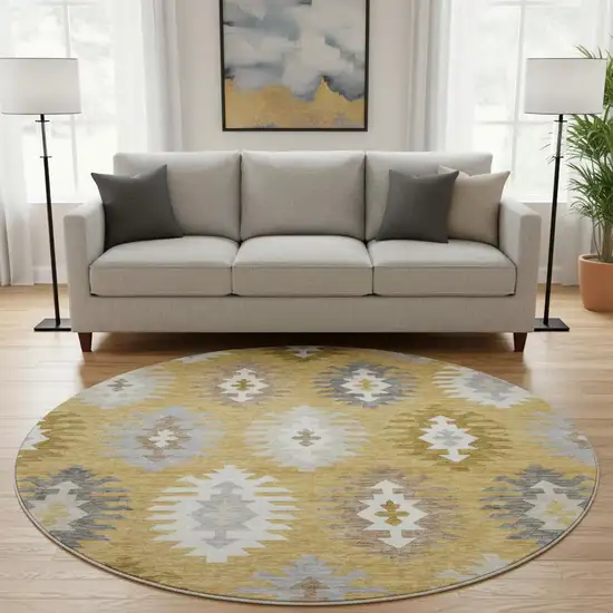 8' Gold Gray And Silver Southwestern Washable Round Rug With UV Protection Photo 2