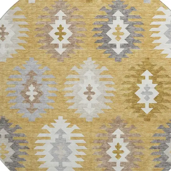 8' Gold Gray And Silver Southwestern Washable Round Rug With UV Protection Photo 2