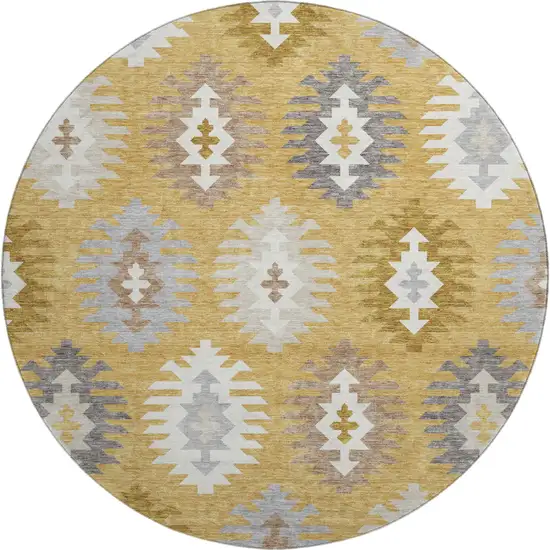 8' Gold Gray And Silver Southwestern Washable Round Rug With UV Protection Photo 1