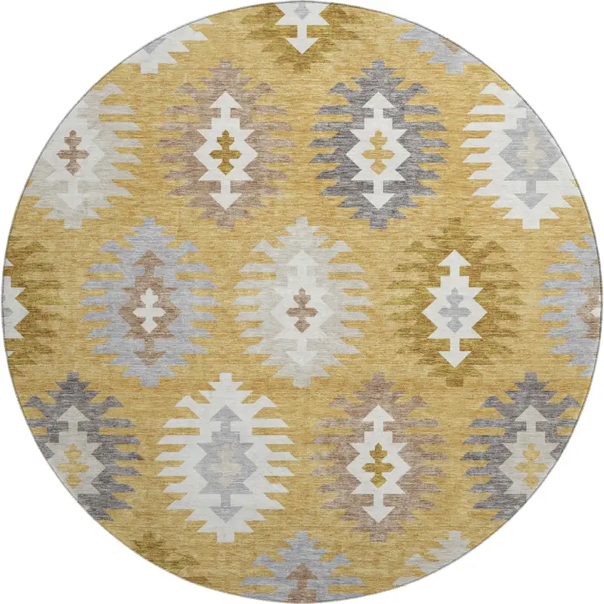 8' Gold Gray And Silver Southwestern Washable Round Rug With UV Protection Photo 1