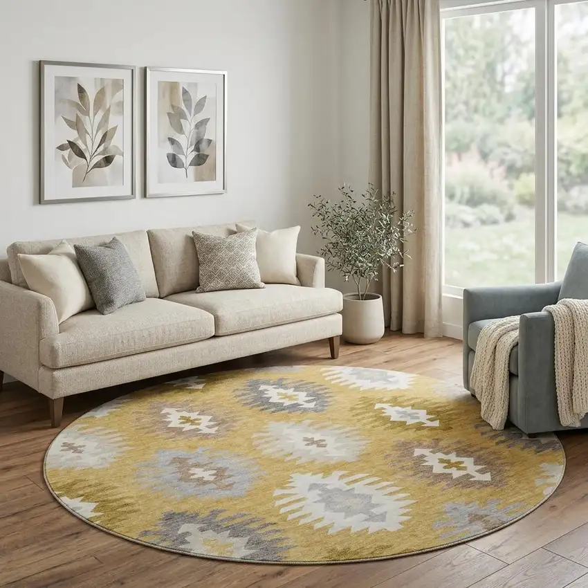 8' Gold Gray And Silver Southwestern Washable Round Rug With UV Protection Photo 1