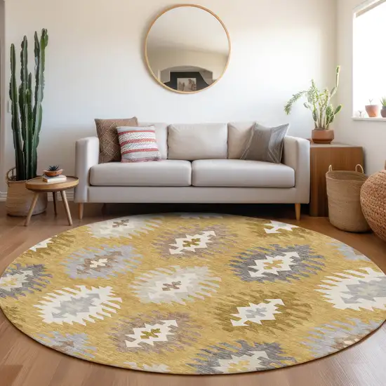 8' Gold Gray And Silver Southwestern Washable Round Rug With UV Protection Photo 4