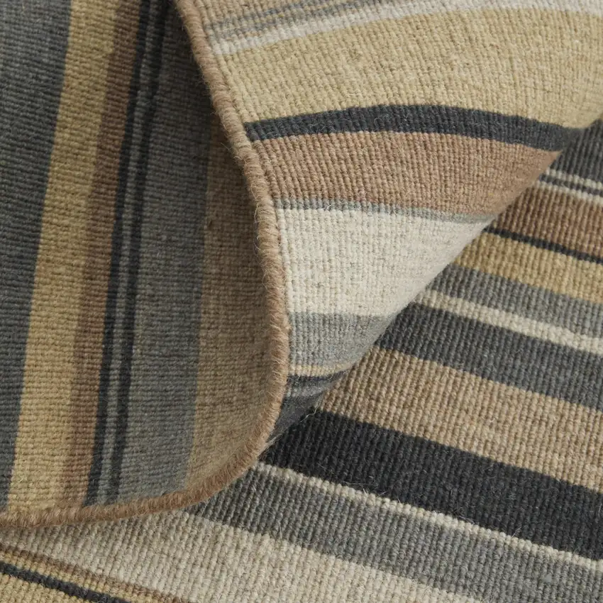 8' Gold Gray And Tan Wool Striped Hand Knotted Area Rug Photo 6