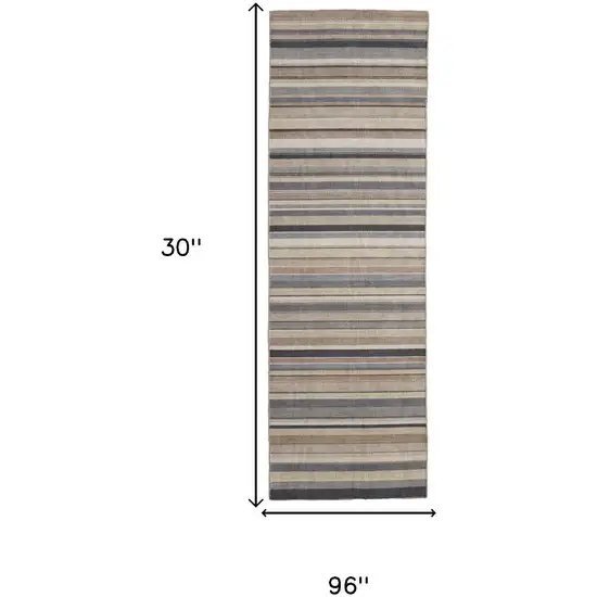 8' Gold Gray And Tan Wool Striped Hand Knotted Area Rug Photo 8
