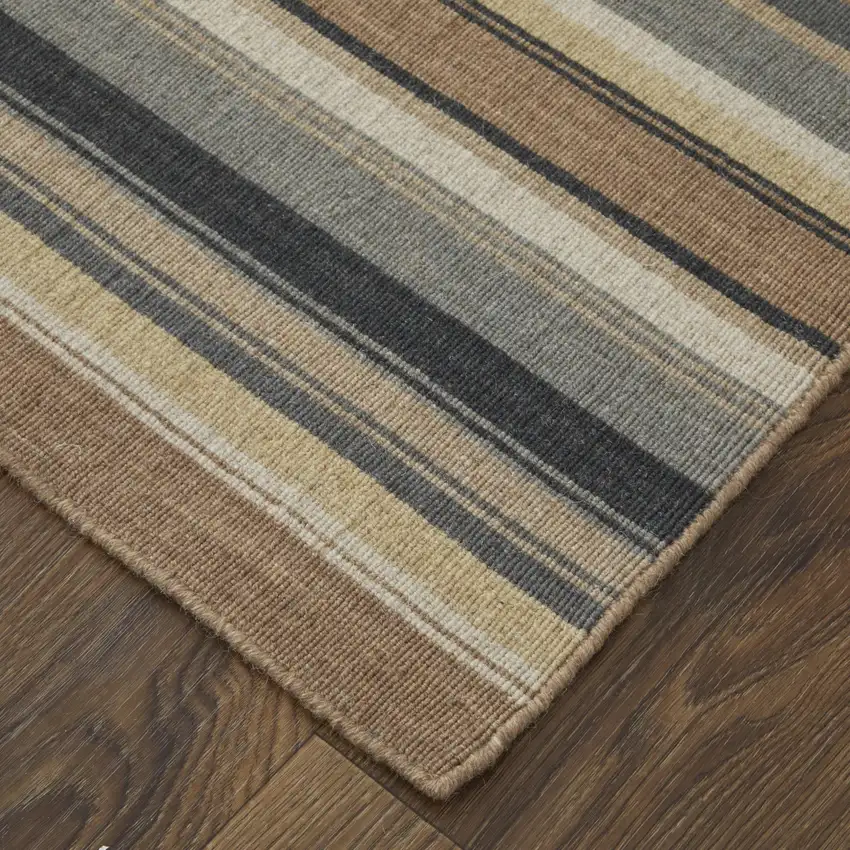 8' Gold Gray And Tan Wool Striped Hand Knotted Area Rug Photo 3