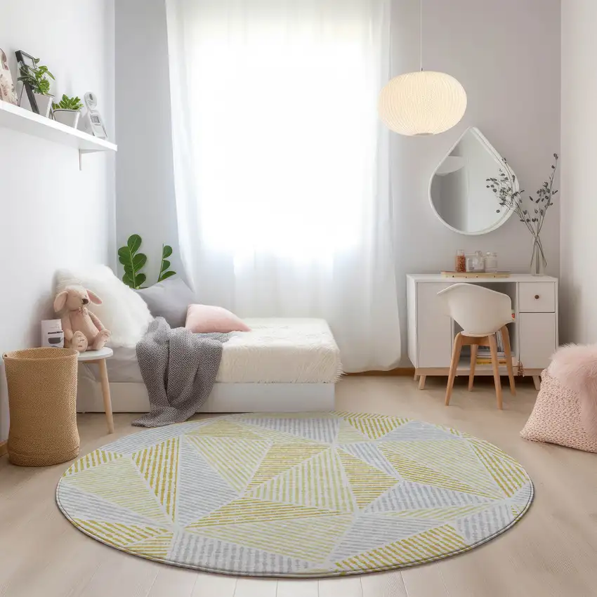 8' Gold Gray And Wheat Round Geometric Washable Indoor Outdoor Area Rug Photo 7