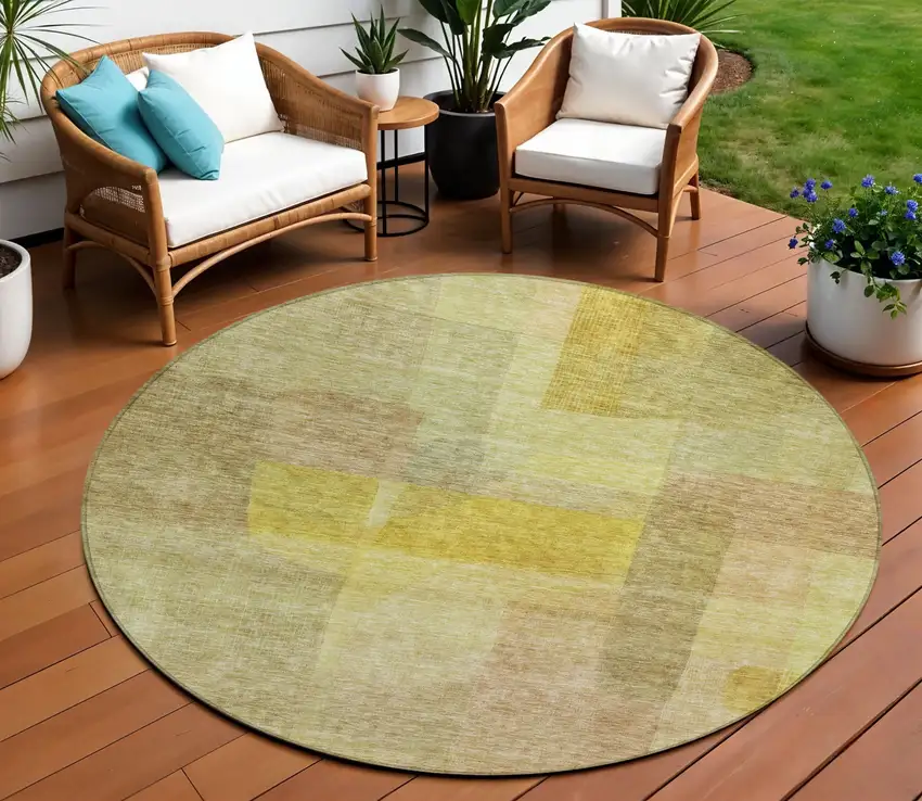 8' Gold Green And Brown Round Abstract Washable Indoor Outdoor Area Rug Photo 1
