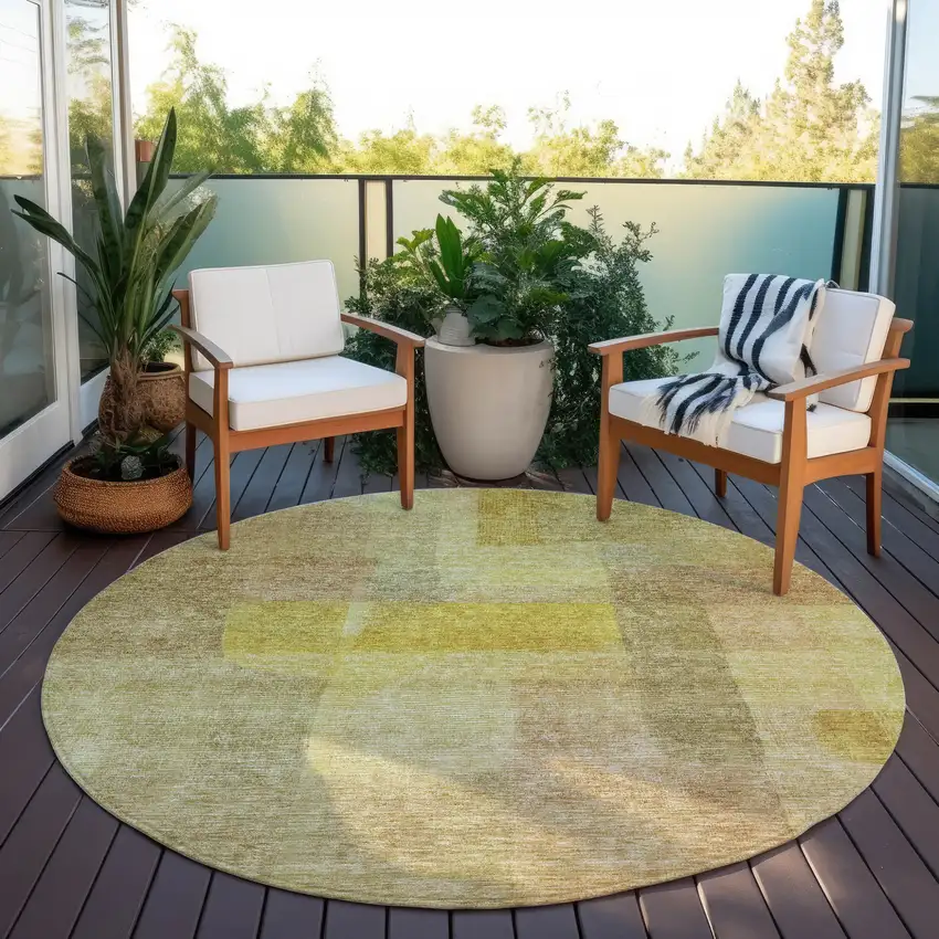 8' Gold Green And Brown Round Abstract Washable Indoor Outdoor Area Rug Photo 6