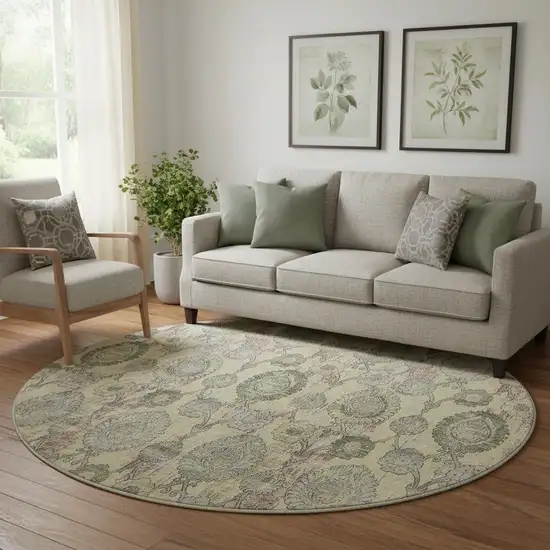 8' Gold Green And Gray Damask Washable Round Rug With UV Protection Photo 1