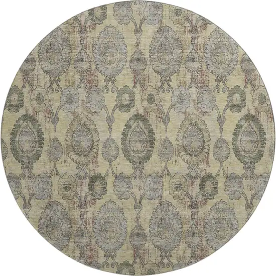 8' Gold Green And Gray Damask Washable Round Rug With UV Protection Photo 1