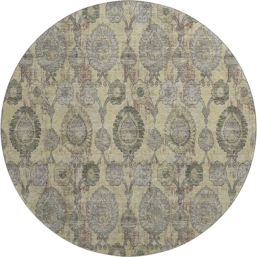 8' Gold Green And Gray Damask Washable Round Rug With UV Protection Photo 1