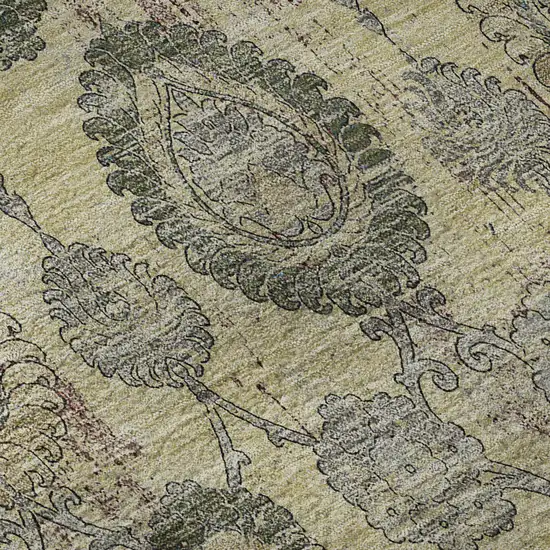 8' Gold Green And Gray Damask Washable Round Rug With UV Protection Photo 9
