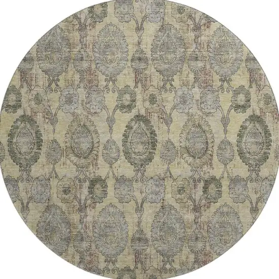 8' Gold Green And Gray Damask Washable Round Rug With UV Protection Photo 3