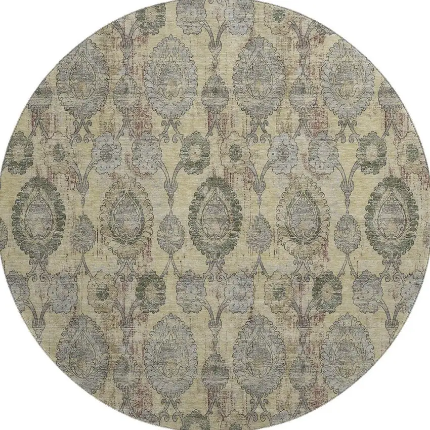 8' Gold Green And Gray Damask Washable Round Rug With UV Protection Photo 3