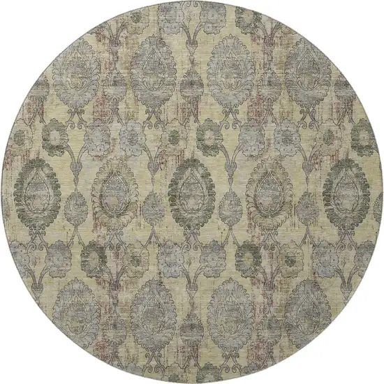 8' Gold Green And Gray Damask Washable Round Rug With UV Protection Photo 4