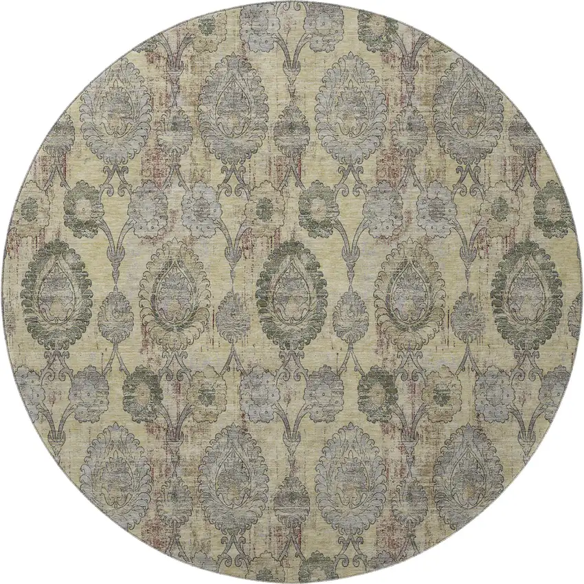 8' Gold Green And Gray Damask Washable Round Rug With UV Protection Photo 4