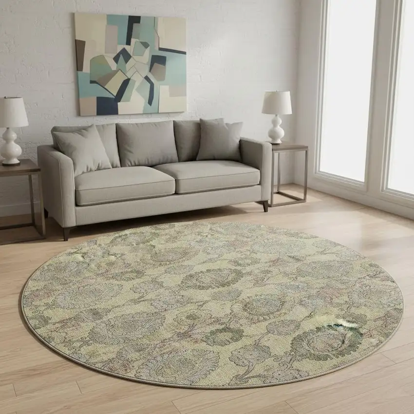 8' Gold Green And Gray Damask Washable Round Rug With UV Protection Photo 2