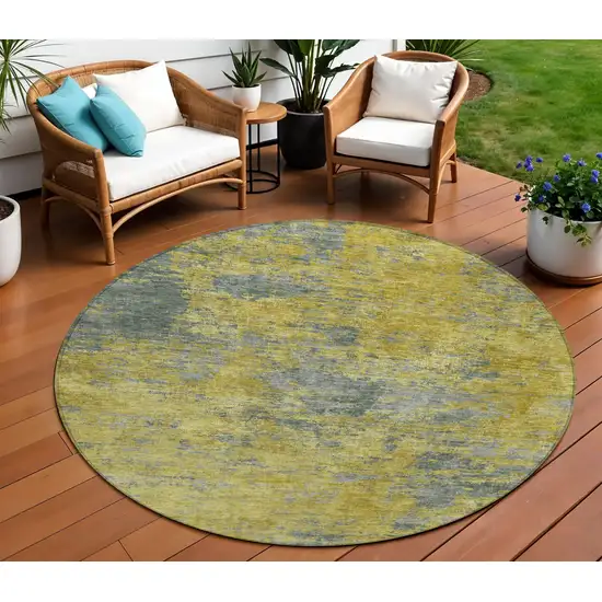 8' Gold Green And Gray Round Abstract Washable Indoor Outdoor Area Rug Photo 1