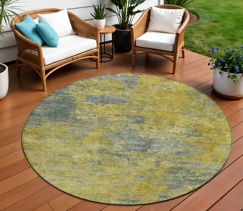 8' Gold Green And Gray Round Abstract Washable Indoor Outdoor Area Rug Photo 1
