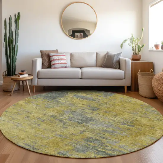 8' Gold Green And Gray Round Abstract Washable Indoor Outdoor Area Rug Photo 8