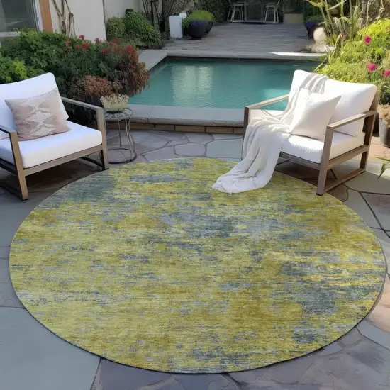8' Gold Green And Gray Round Abstract Washable Indoor Outdoor Area Rug Photo 7