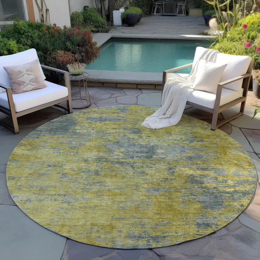 8' Gold Green And Gray Round Abstract Washable Indoor Outdoor Area Rug Photo 7