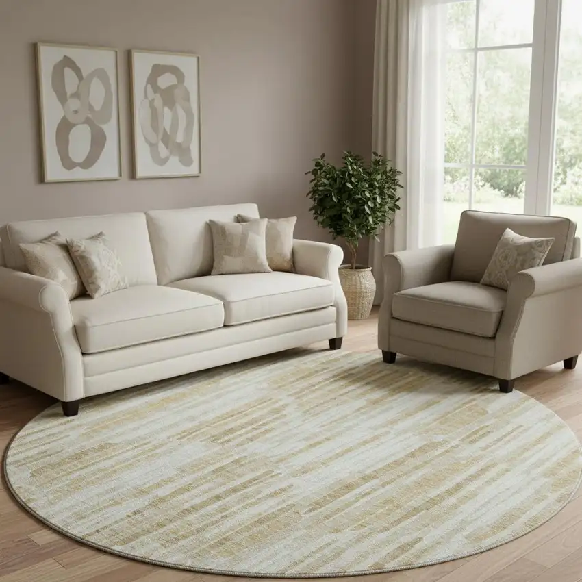 8' Gold Ivory And Beige Abstract Washable Round Rug With UV Protection Photo 1