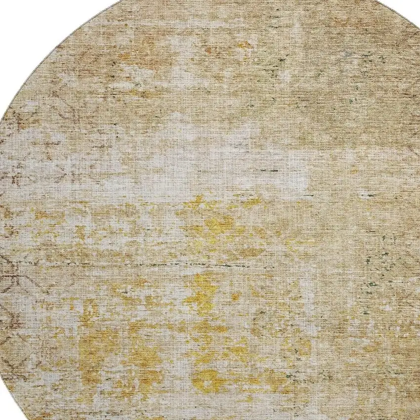 8' Gold Ivory And Beige Geometric Washable Round Rug With UV Protection Photo 2