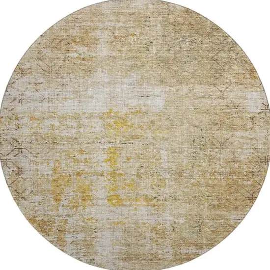 8' Gold Ivory And Beige Geometric Washable Round Rug With UV Protection Photo 3