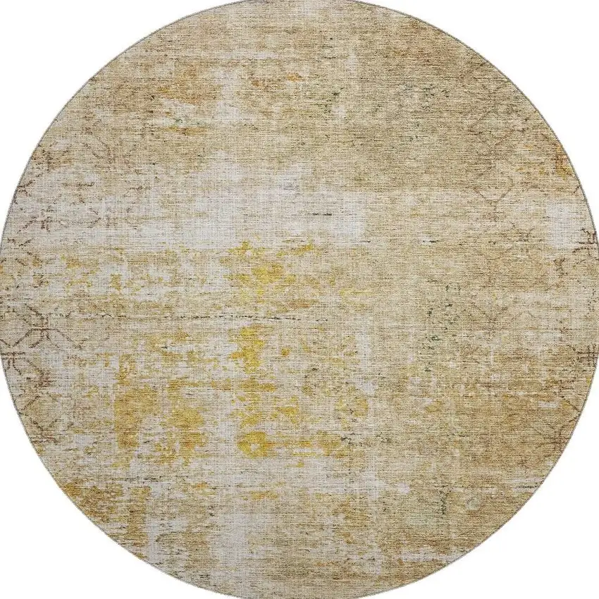8' Gold Ivory And Beige Geometric Washable Round Rug With UV Protection Photo 3