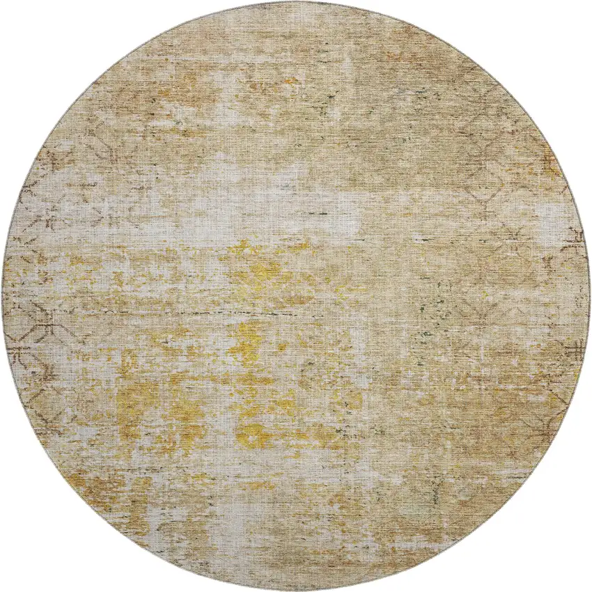 8' Gold Ivory And Beige Geometric Washable Round Rug With UV Protection Photo 1
