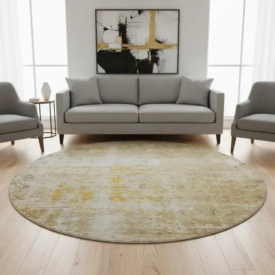 8' Gold Ivory And Beige Geometric Washable Round Rug With UV Protection Photo 2
